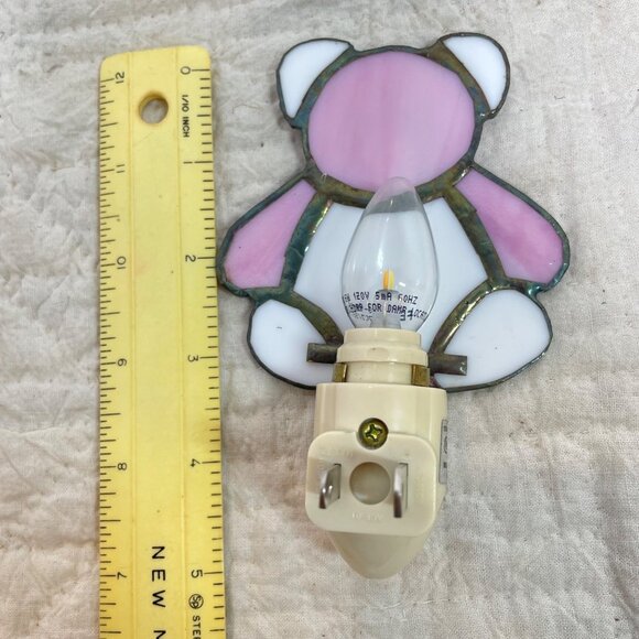 VintageTeddy Bear Stained Glass Night Light  Plug-In  Kids Room Decor  Pink & Wh - Picture 7 of 8